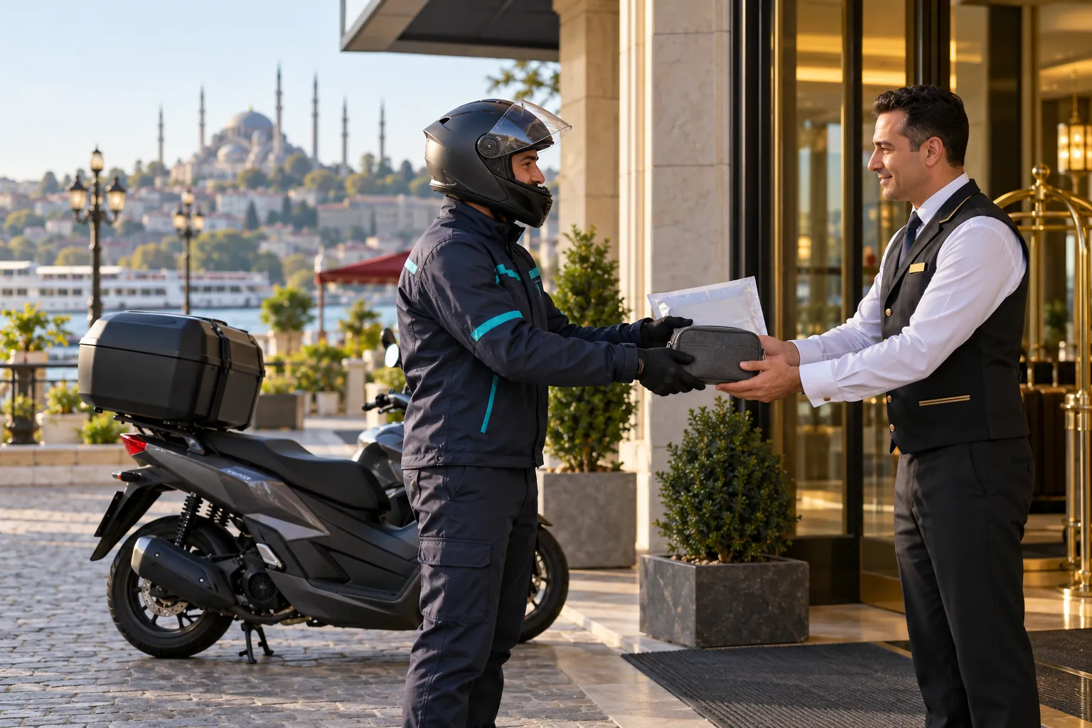 Küçük eşya çantası ve evrakın otel resepsiyon yetkilisine teslimini anlatan temsili görsel