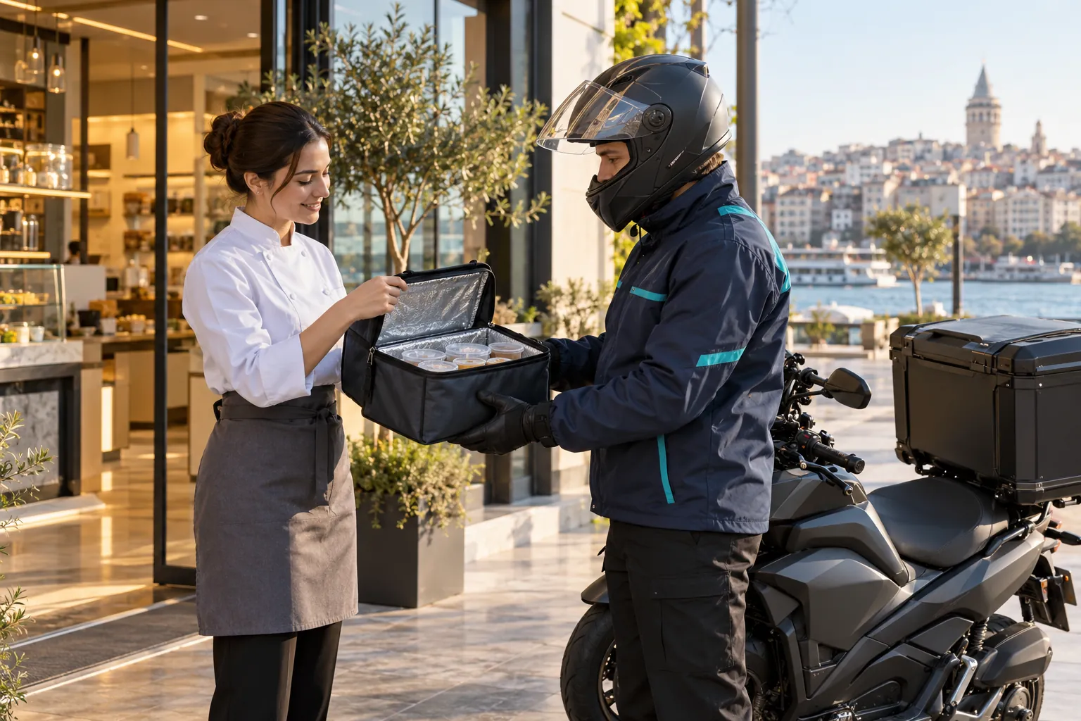 Gıda numunelerinin termal çantayla motosikletli kuryeye verilmesini anlatan temsili görsel