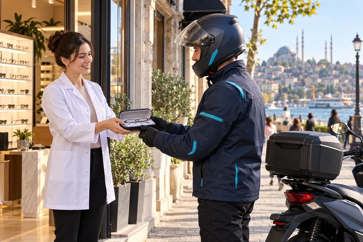 Optik mağazasında koruyucu gözlük kutusunun motosikletli kuryeye verilmesini anlatan temsili görsel