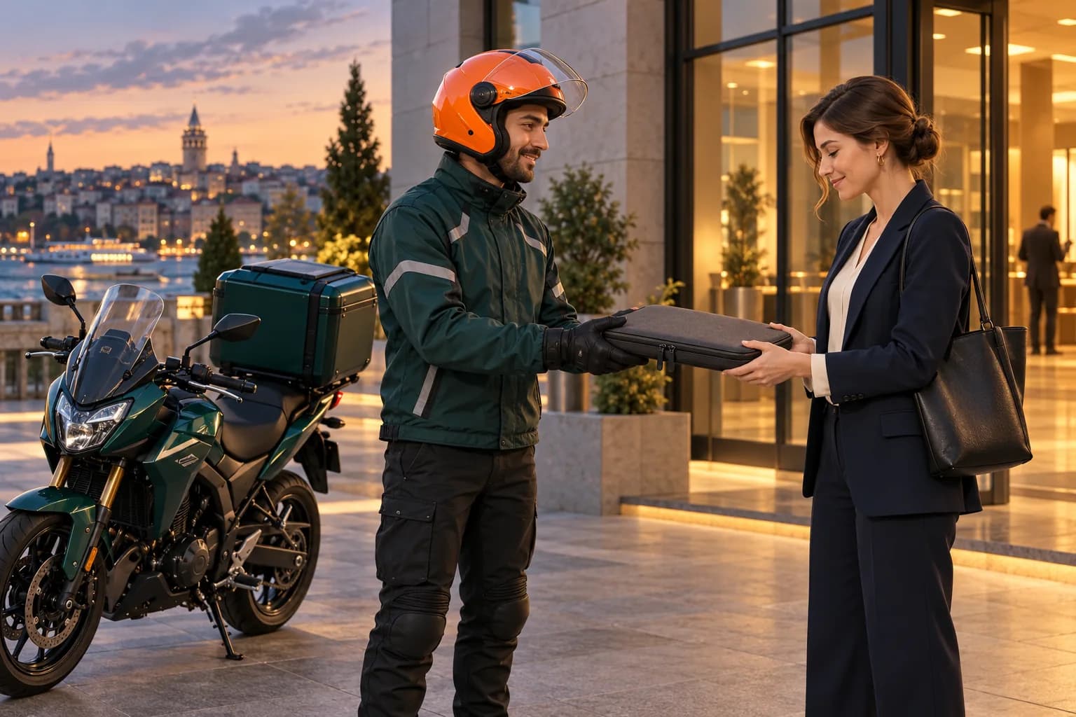 Ofis önünde koruyucu bilgisayar çantasını alıcısına teslim eden motosikletli kurye; temsili yapay zekâ görseli